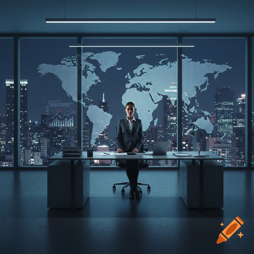 A businesswoman in a suit sits at a modern desk in a high-rise office, looking directly at the viewer. Behind her is a large window with a glowing world map and a city skyline at night.