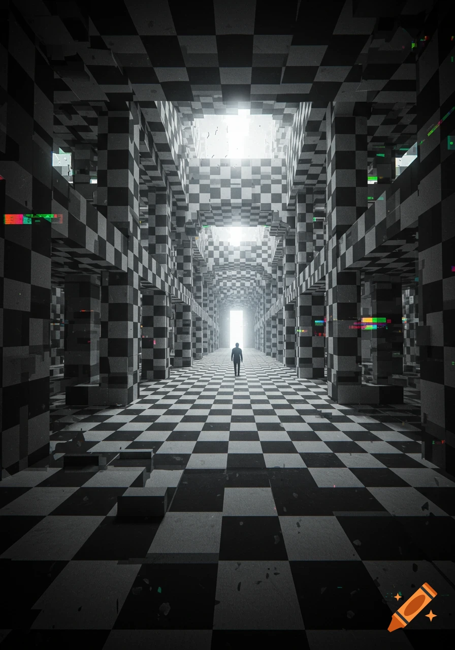 A silhouette walks down a long, checkered corridor with glitch effects, towards a bright light in a surreal style.