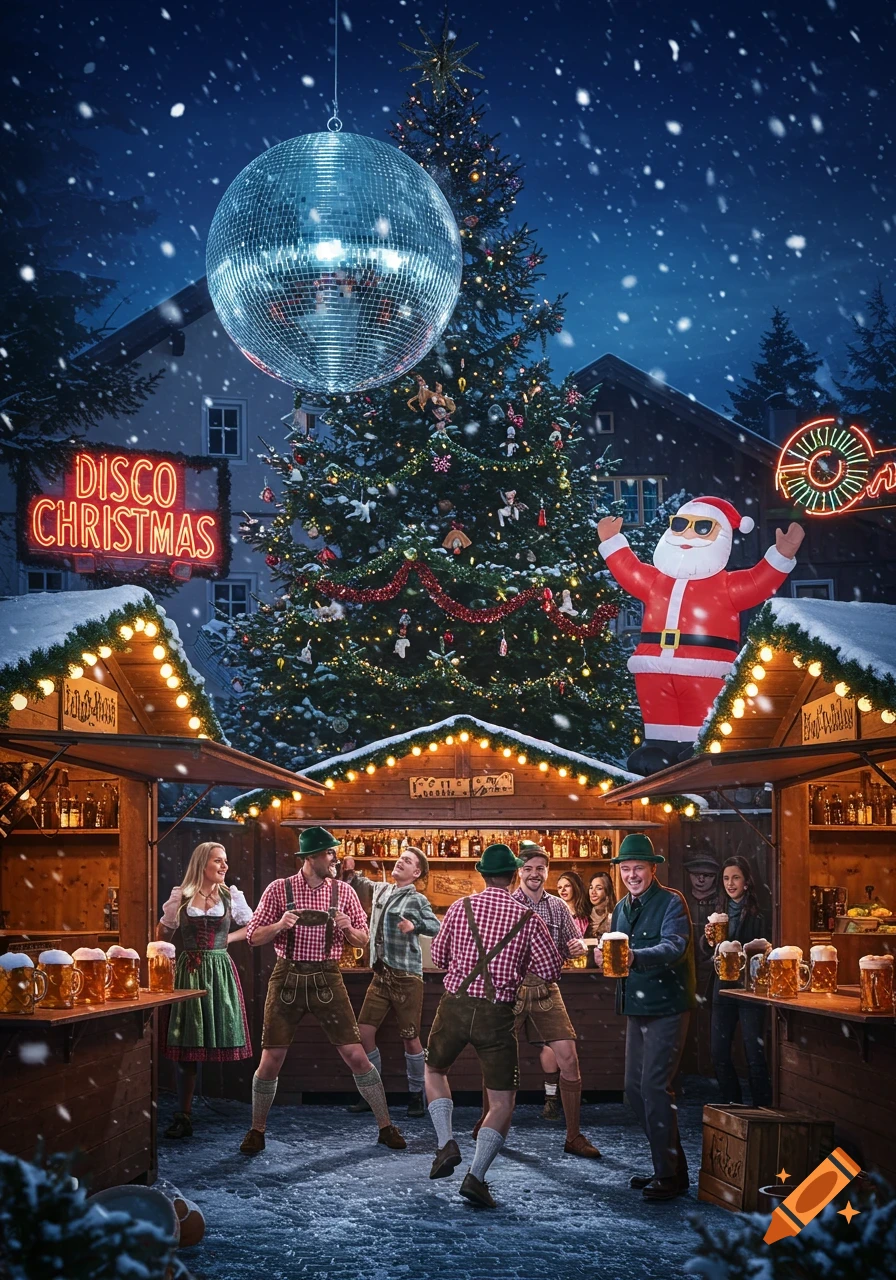 A snowy German Christmas market at night with people in traditional attire drinking beer under a giant disco ball and an inflatable Santa, with a 'DISCO CHRISTMAS' neon sign.