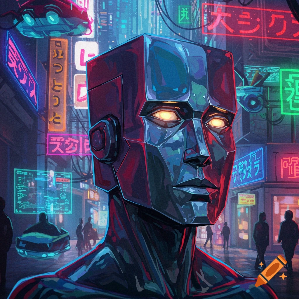 A metallic, square-headed robot with glowing eyes stands in a neon-lit cyberpunk city at night, with flying vehicles and blurred figures.