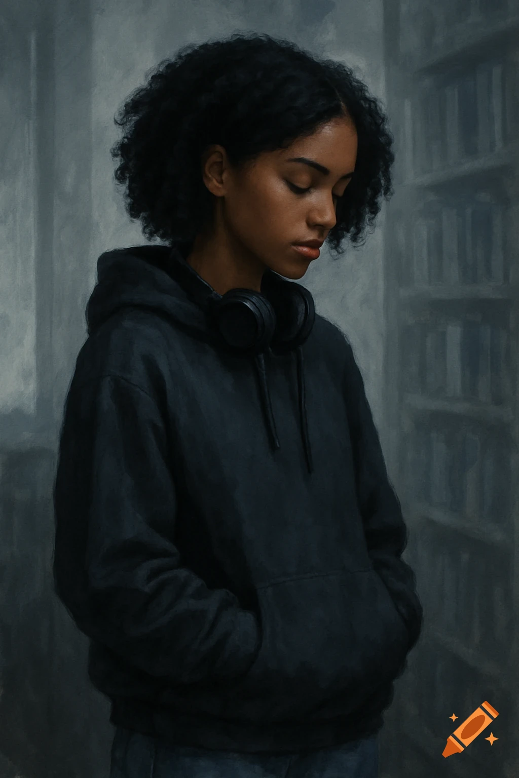 A thoughtful young woman with dark curly hair and headphones, wearing a dark hoodie, looks down in a muted, painterly portrait.
