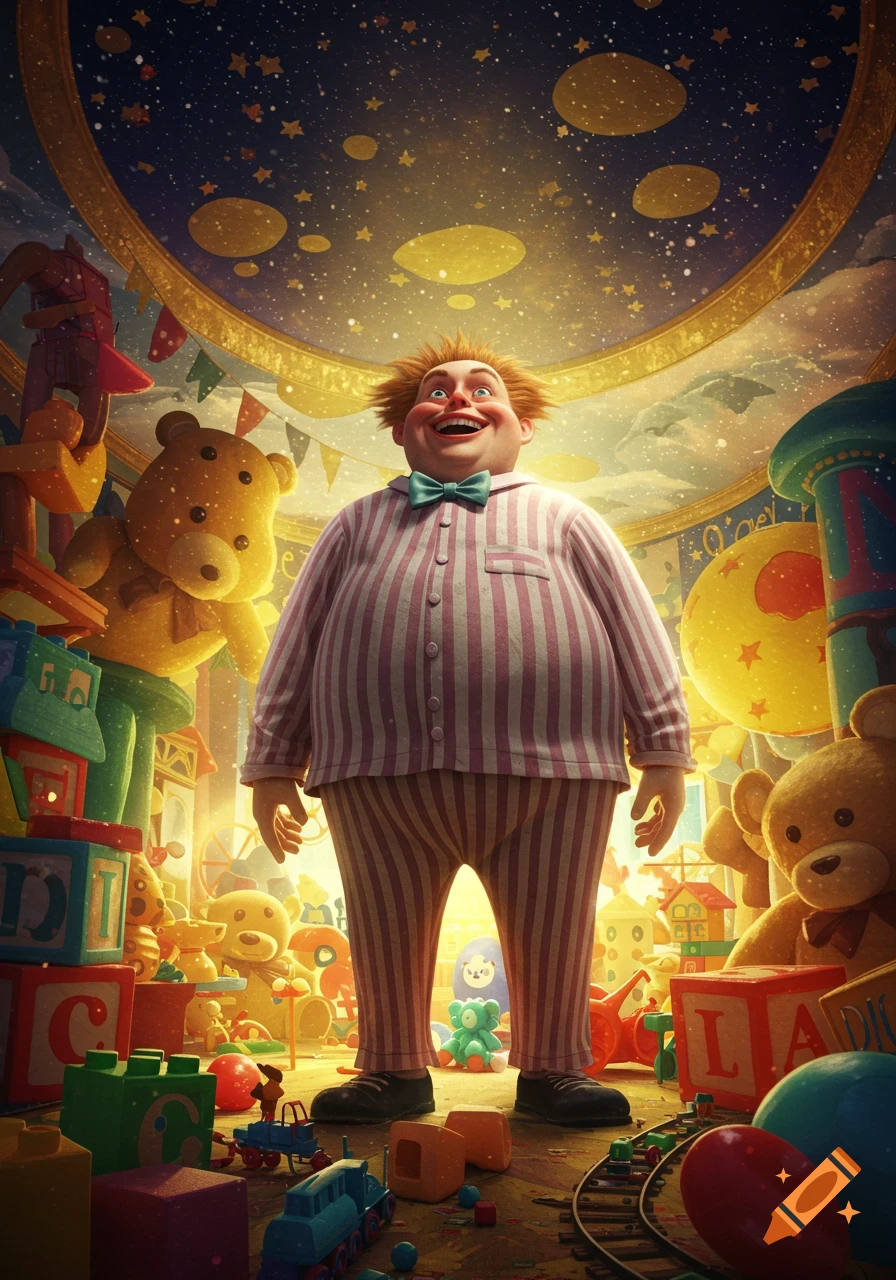 A portly, smiling man with wild orange hair and pajamas stands among oversized toys in a fantastical, starry playroom.