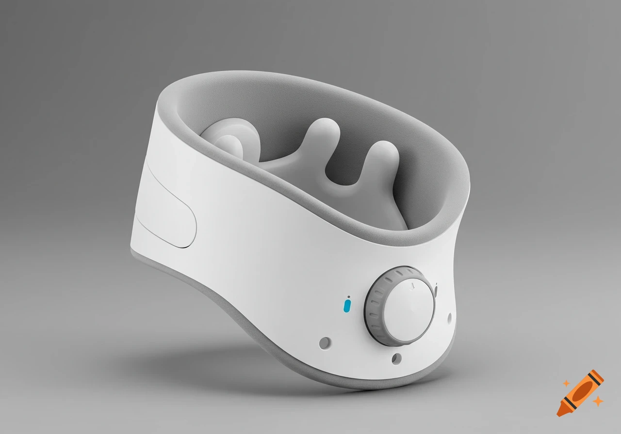 Minimalist white and grey cervical collar prototype for neck pain relief, featuring internal pressure points and a modern adjustment dial on a grey background.
