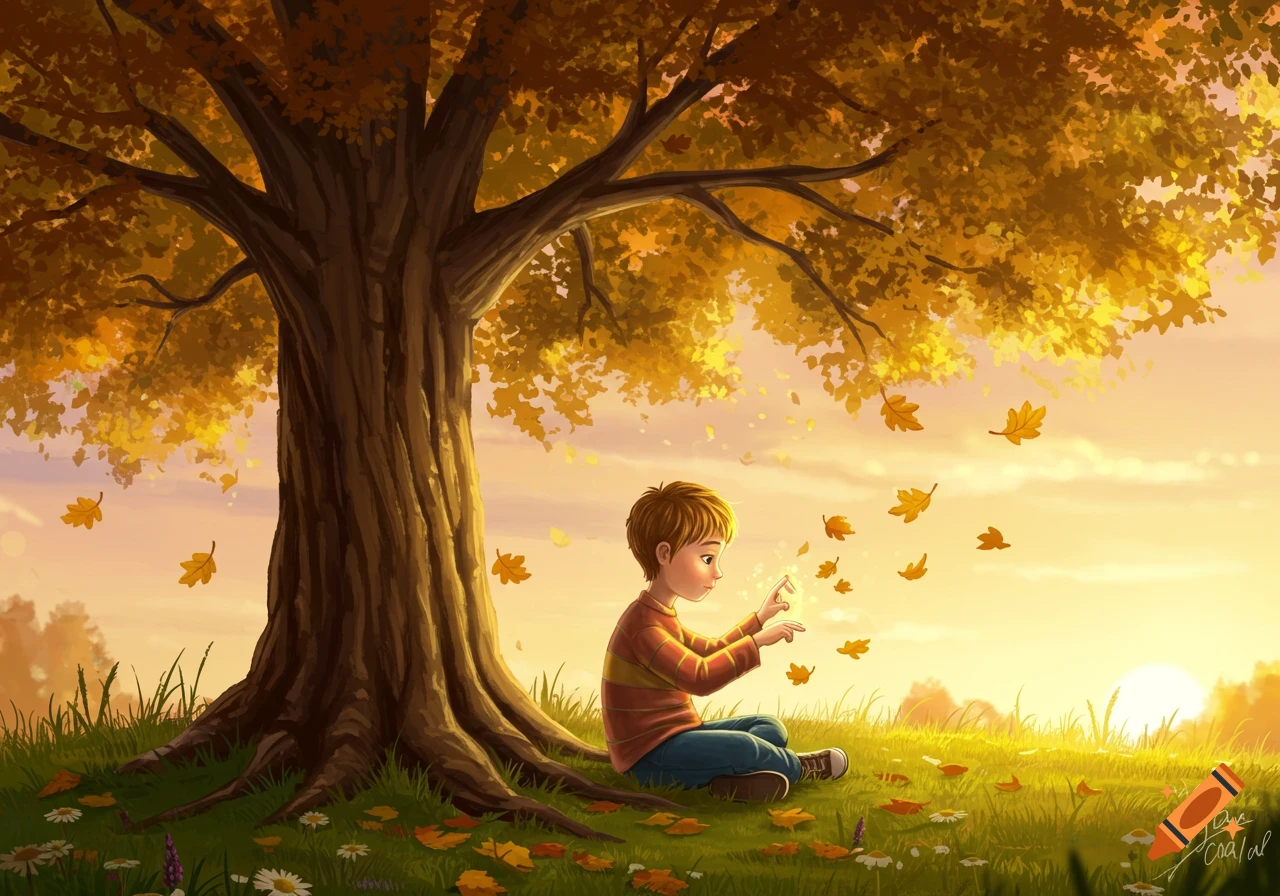 A cartoon boy sits under a large autumn tree, glowing with magic as golden leaves fall around him in a sunny field.