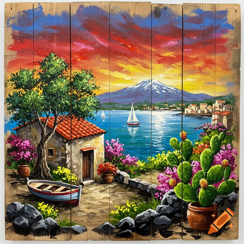 Vibrant painting of a Sicilian coastal landscape on wooden planks, featuring a rustic house, olive tree, boat, colorful flowers, cacti, and Mount Etna under a fiery sunset sky.