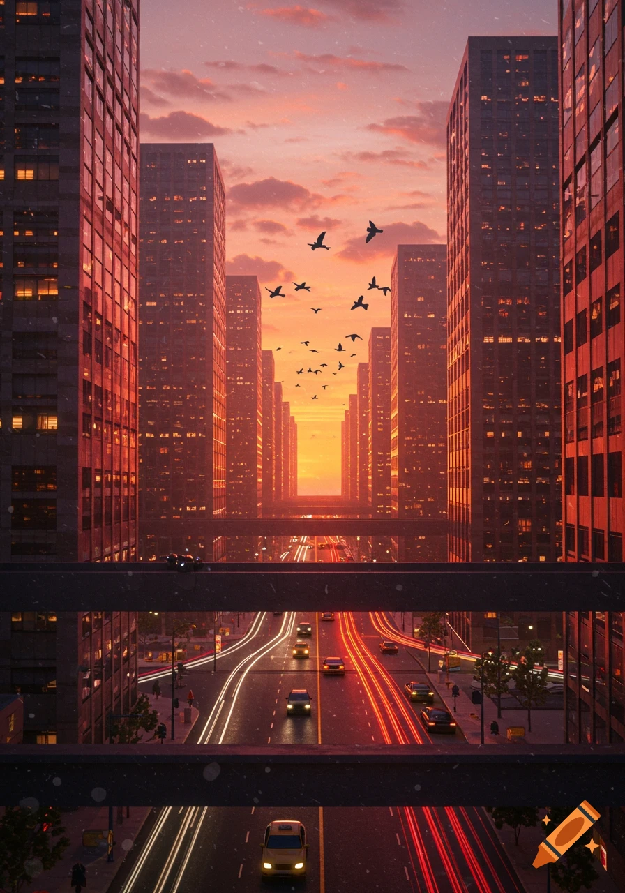 A vibrant city street at sunset, looking down an avenue lined with skyscrapers, busy with cars creating light trails. Birds fly in the orange sky.