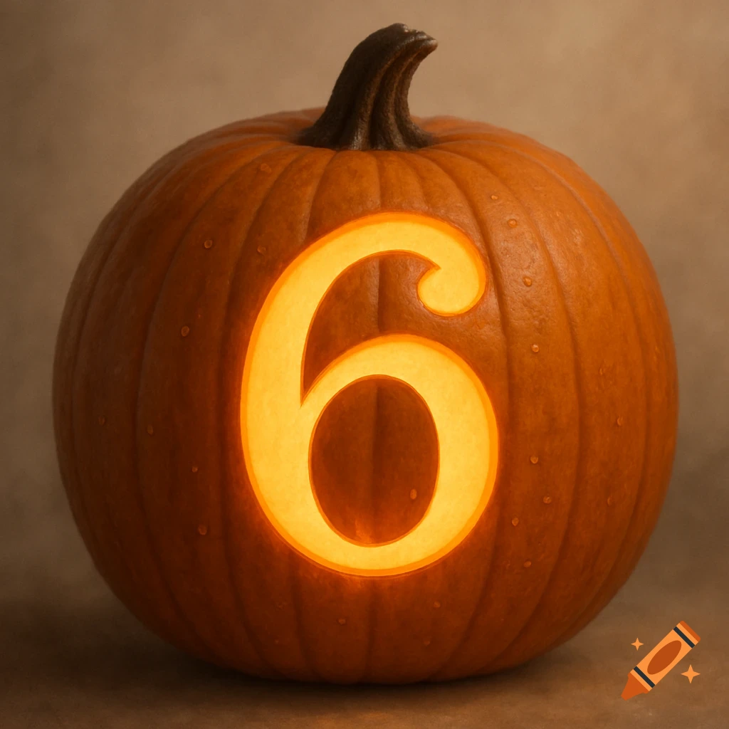 A photorealistic orange pumpkin with a glowing number 6 carved into its front.