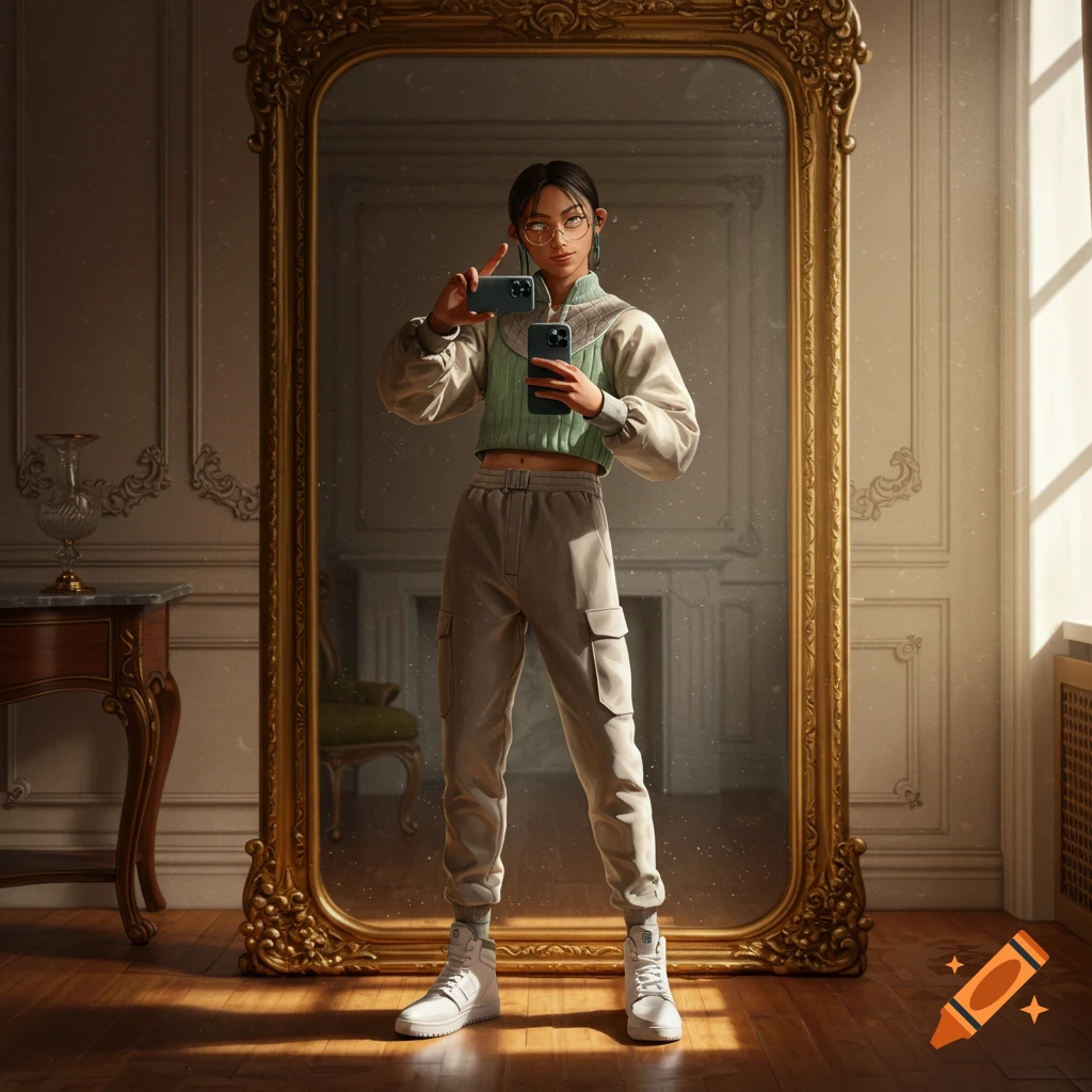 A young woman in a modern outfit takes a mirror selfie with two phones in a grand room with an ornate gold mirror.