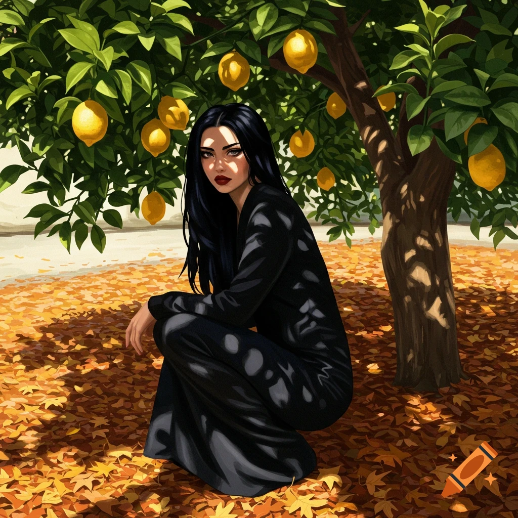 An illustration of a woman with long black hair crouching under a lemon tree, surrounded by golden autumn leaves.