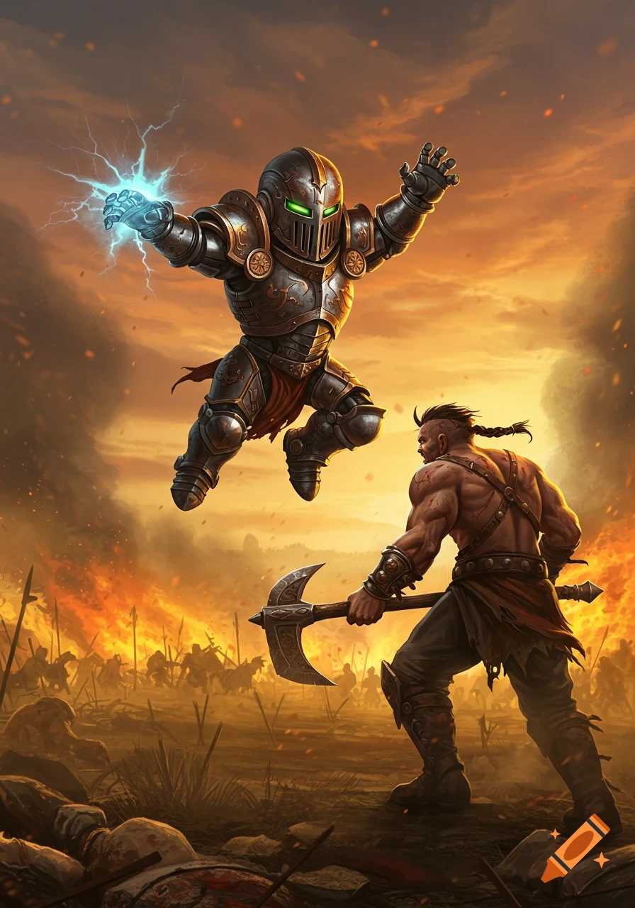 A metal-clad knight leaps with lightning towards a shirtless warrior with an axe on a fiery, smoke-filled battlefield.