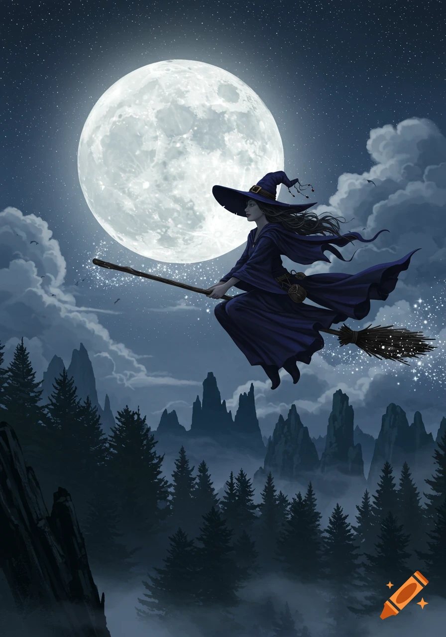 A witch in a dark robe and pointed hat flies on a broomstick across a large full moon, over a misty, mountainous forest at night.