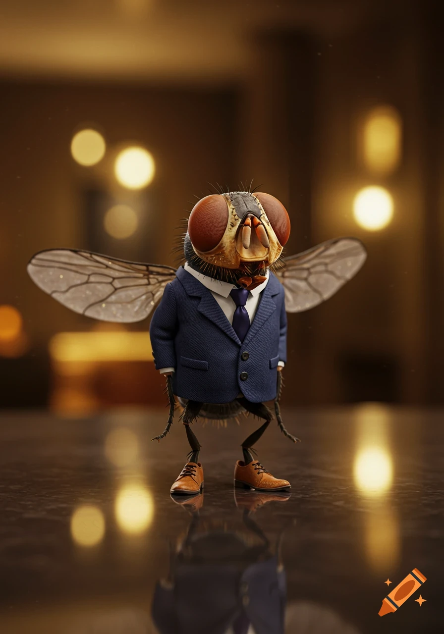 A photorealistic, anthropomorphic fly in a blue suit and brown shoes stands on a reflective surface, with bokeh lights in the background.
