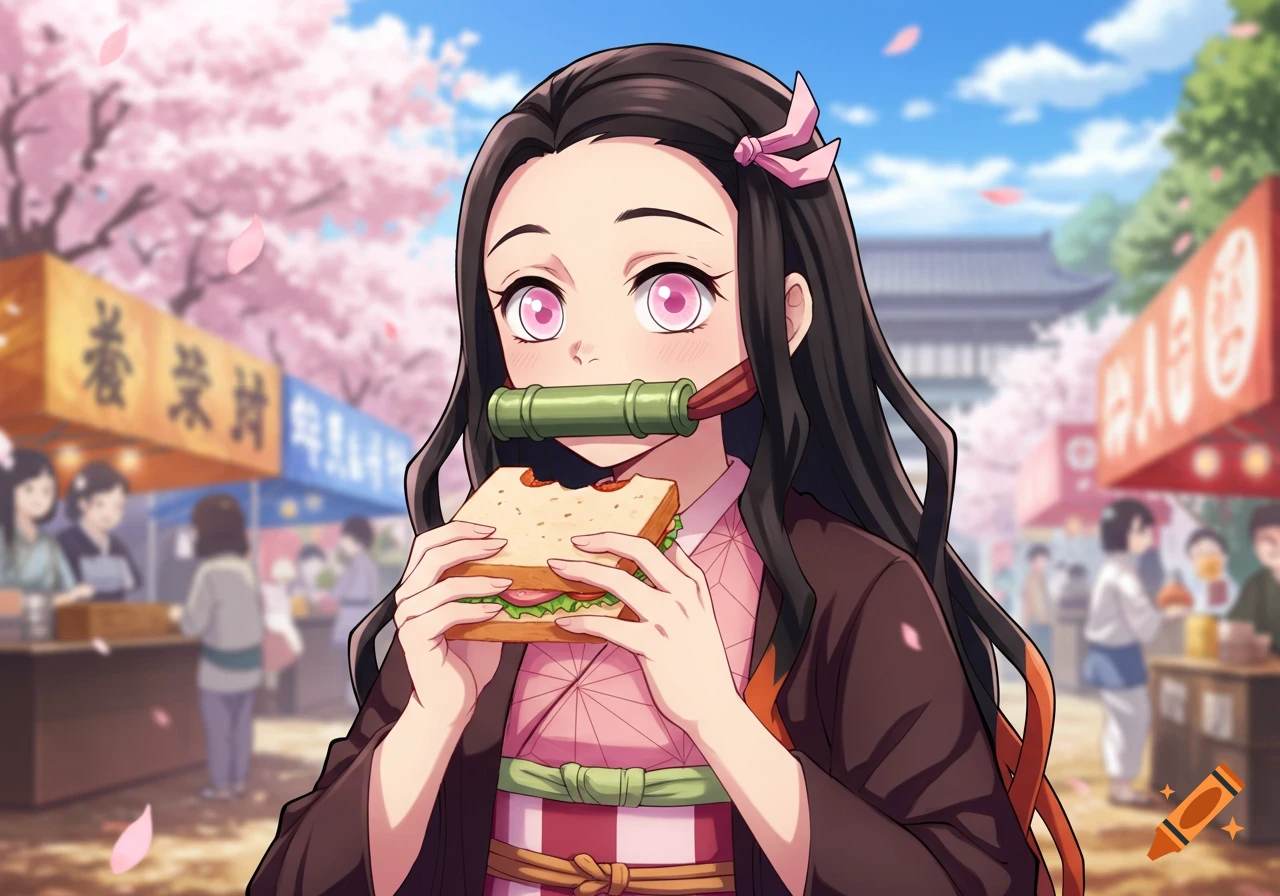 Nezuko from Demon Slayer eating a sandwich with a bamboo muzzle in her mouth at a cherry blossom festival.