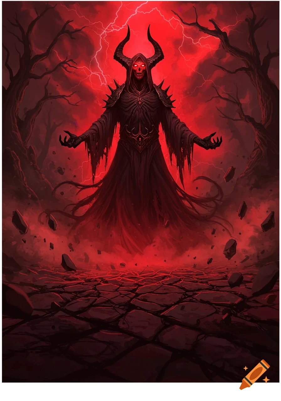 A horned, skull-faced demon in dark robes emerges from cracked ground under a stormy red sky with lightning, in a dark fantasy illustration.
