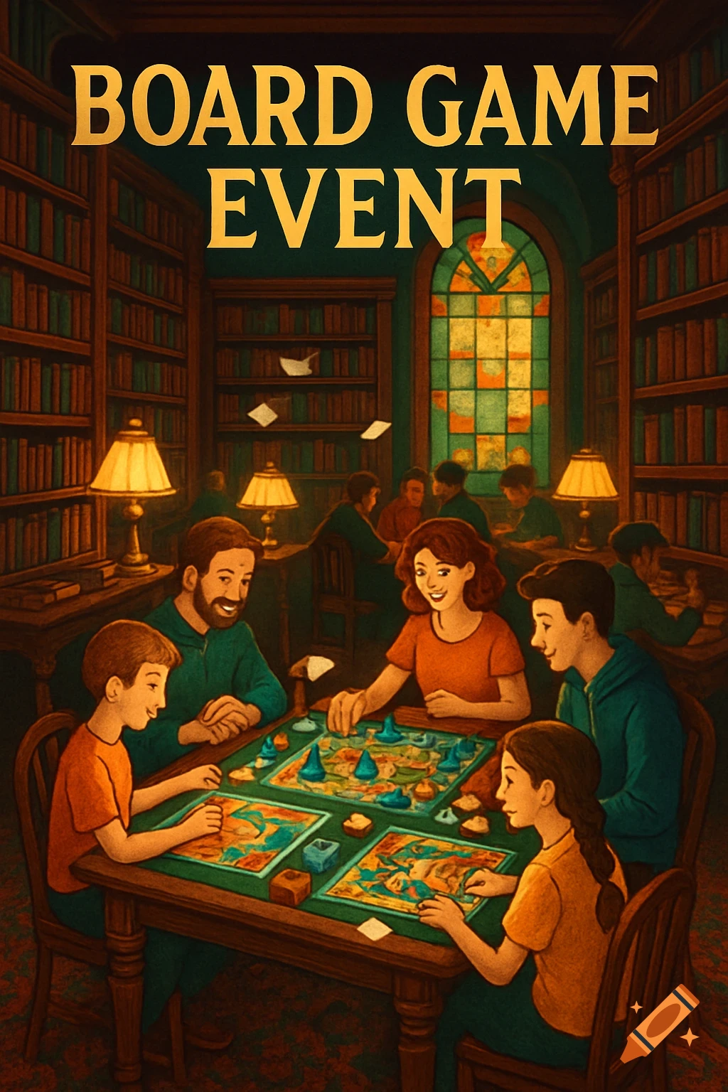 Illustration of people playing board games in a library with 'BOARD GAME EVENT' at the top.