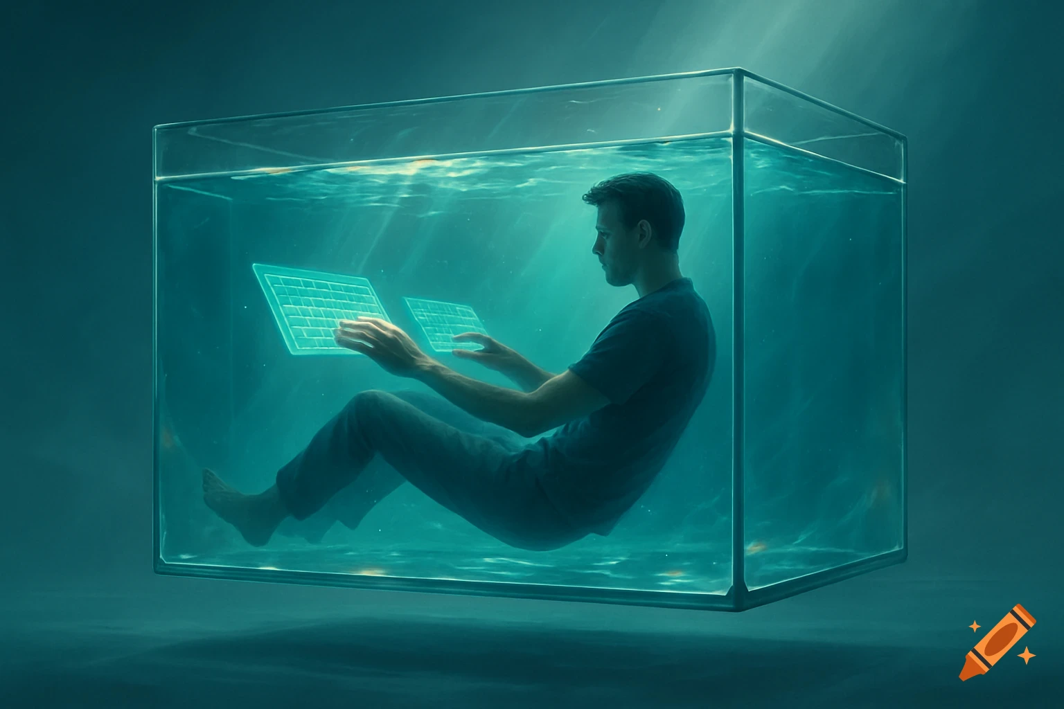 A man floats in a water-filled glass tank, typing on glowing holographic keyboards, with light rays from above.