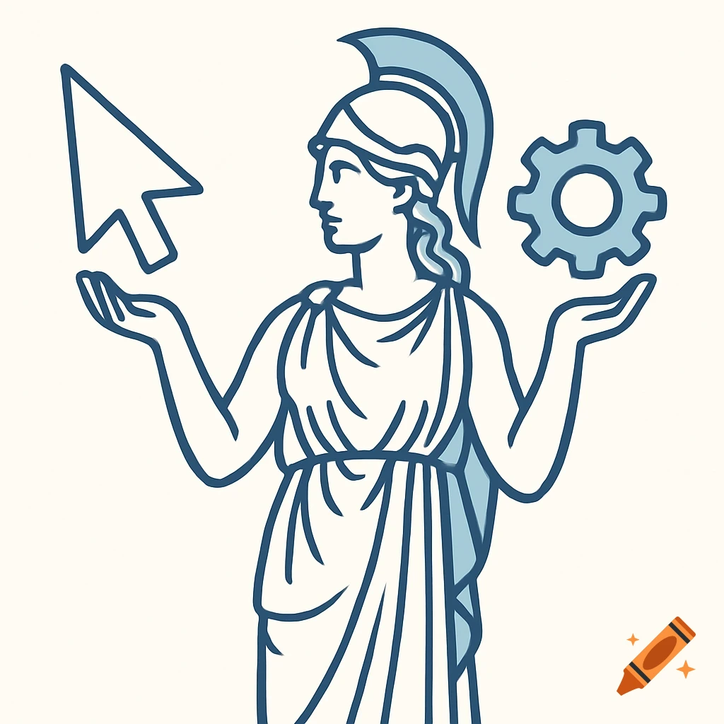 Minimalist line art of Athena wearing a helmet, holding a computer mouse pointer in one hand and a cog wheel in the other.