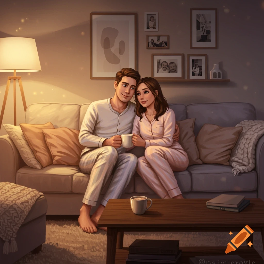 Illustrative image of a man and woman in pajamas cuddling on a cozy couch, holding mugs, in a dimly lit living room.