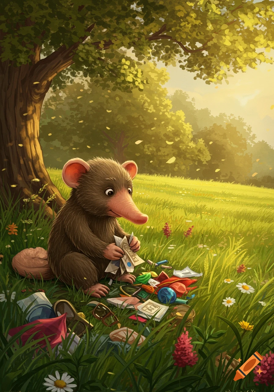 A cute, furry, brown animal with a long pink nose sits under a tree in a sunny, grassy field, looking at crumpled papers.