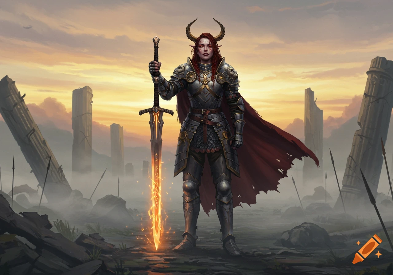 A female warrior with horns and armor holds a glowing sword in a ruined, misty landscape at sunset. Digital art.