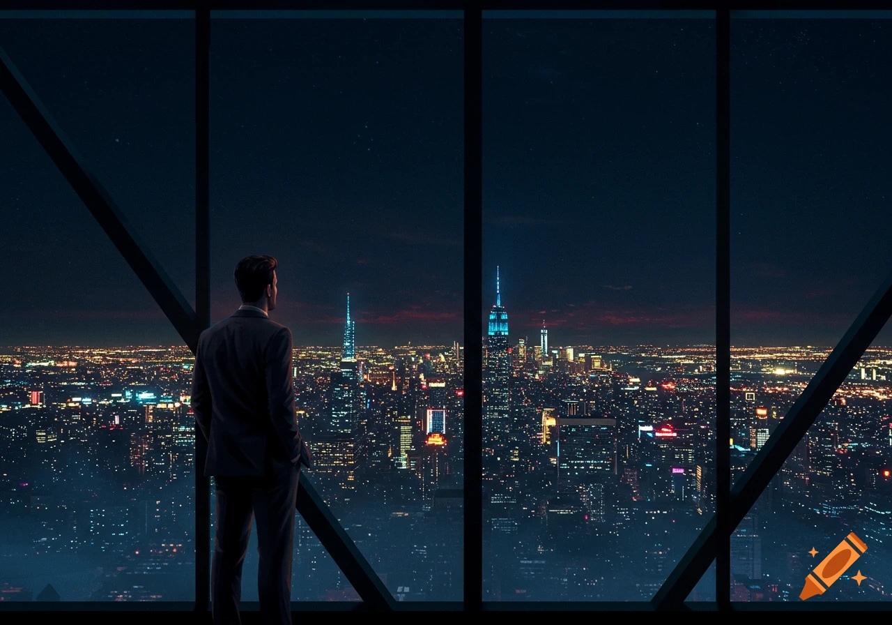 A man in a suit looks out a high-rise window at a sprawling, illuminated city skyline at night.