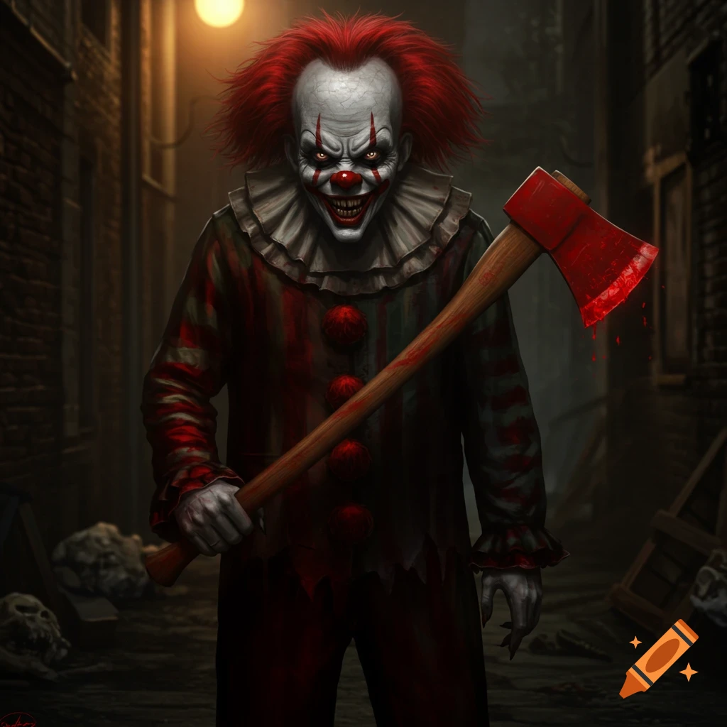 A creepy, red-haired clown with a menacing smile holds a blood-soaked axe in a dark alley, rendered in a digital horror art style.