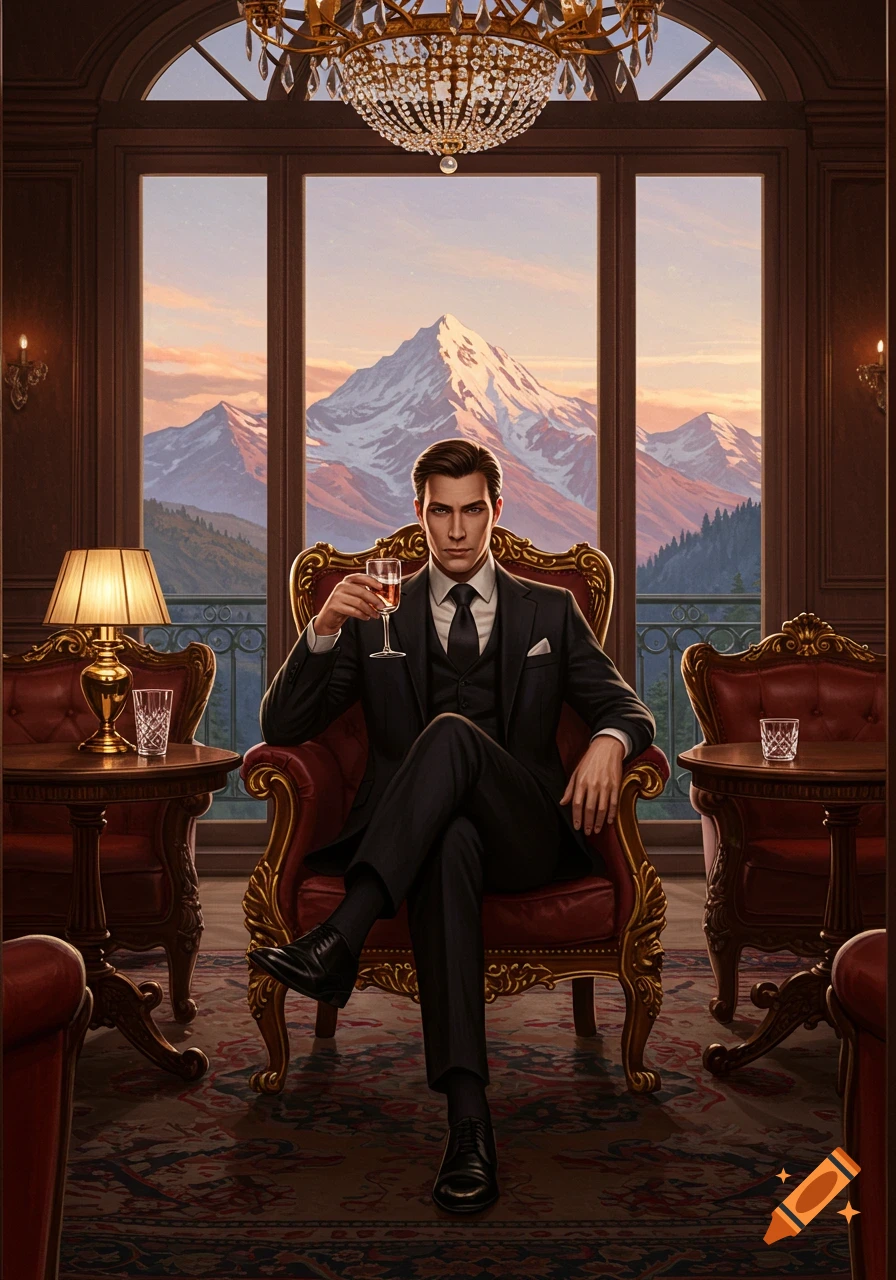 A sophisticated man in a black suit sits in a luxurious armchair, holding a drink, overlooking snowy mountains at sunset through large windows.