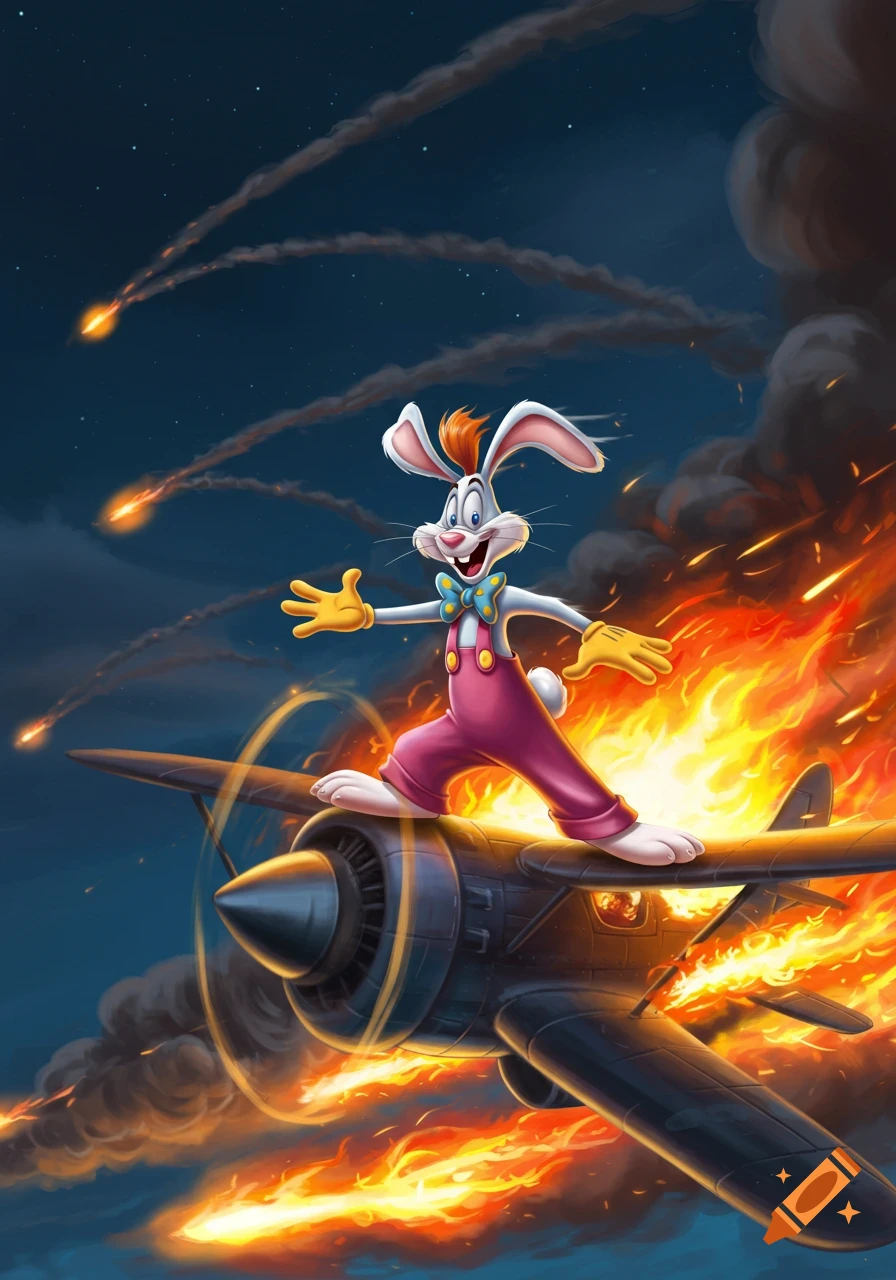 A cartoon rabbit in pink overalls stands on a burning airplane, flying through a night sky with streaking missiles.