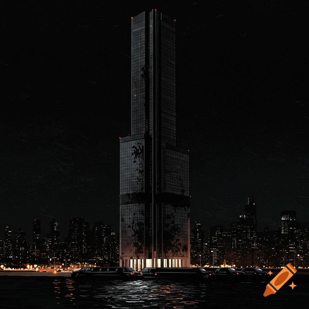 A tall, dark skyscraper at night, with limousines at its base, reflecting on water with distant city lights.