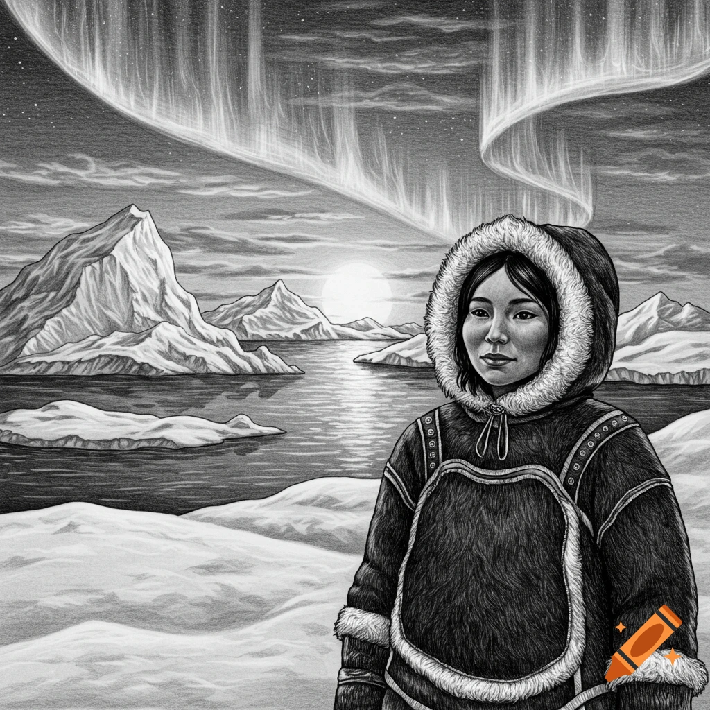 A grayscale graphic drawing of an Indigenous person in a fur-hooded coat in an arctic landscape under the aurora borealis.