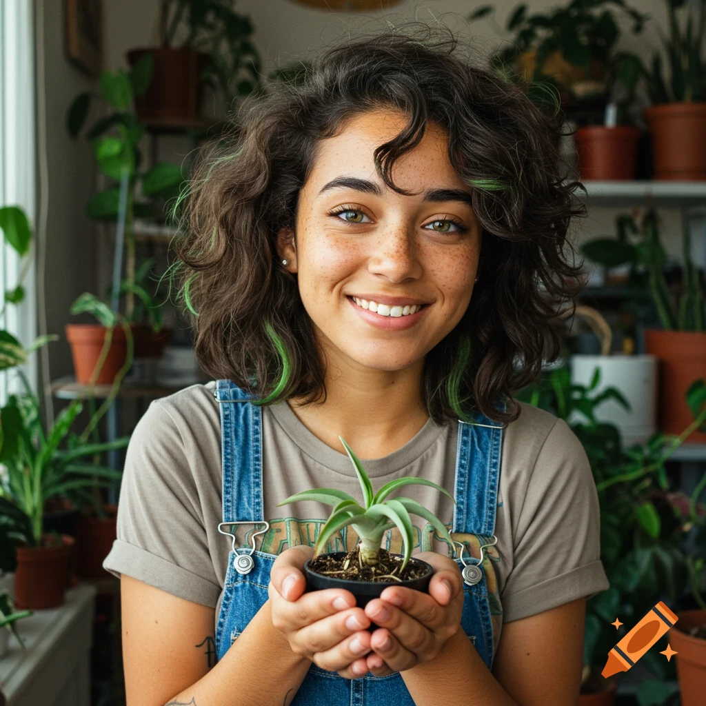 A smiling young woman with green-streaked curly hair and freckles holds a small potted plant, surrounded by indoor plants. Photorealistic.