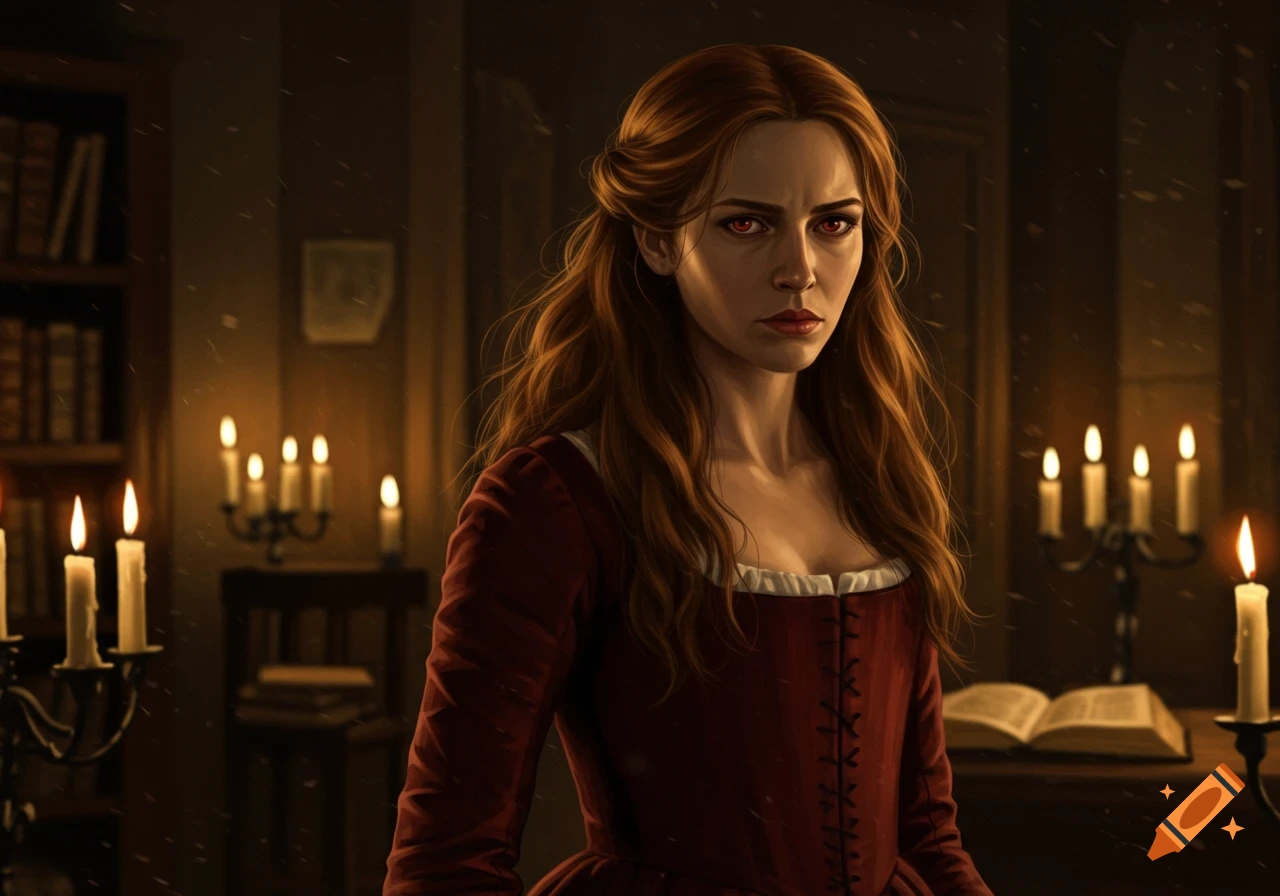 A stern woman with red eyes and long brown hair in a red dress stands in a dimly lit room with lit candles and books, digital painting.