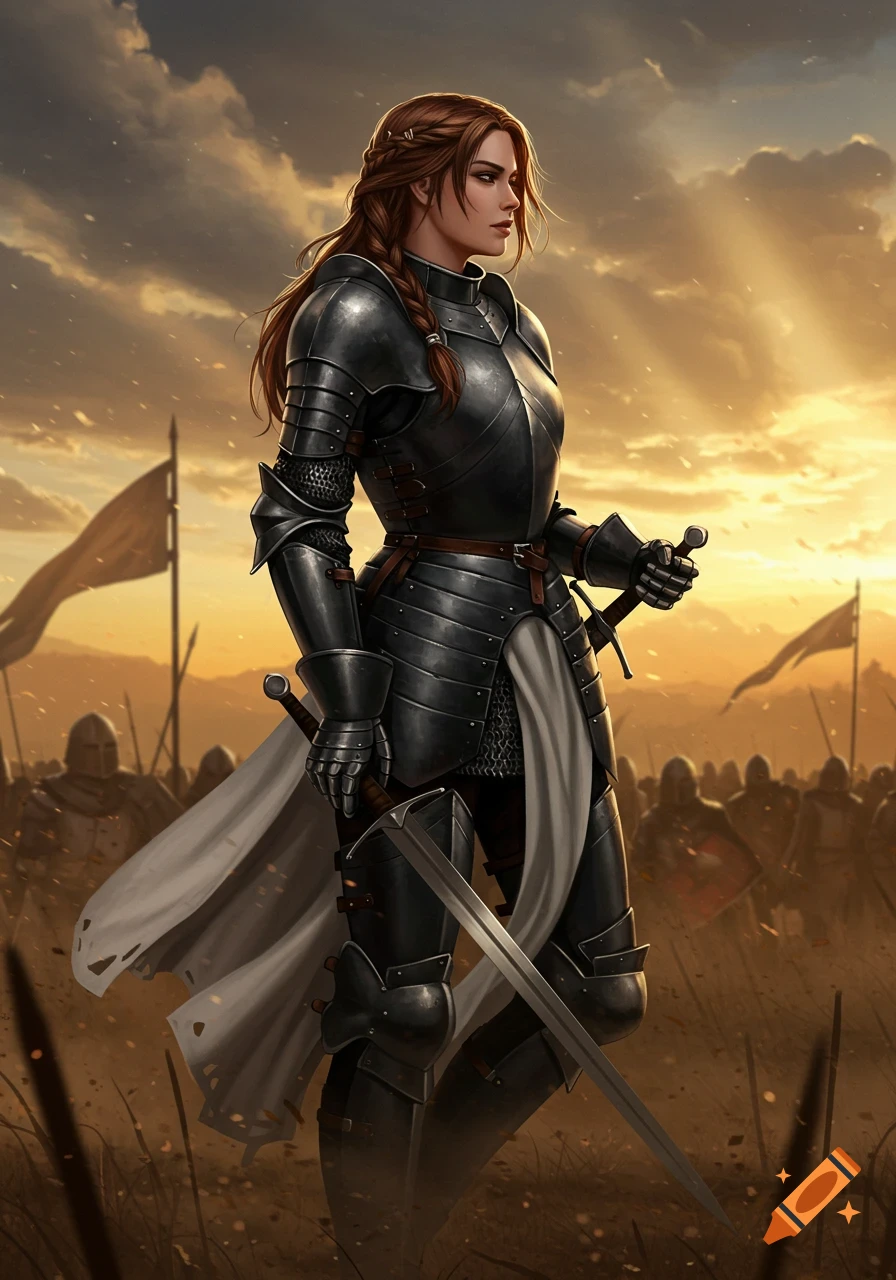 A female knight in black plate armor and white tabard stands on a battlefield at sunset, holding two swords, with an army in the background.