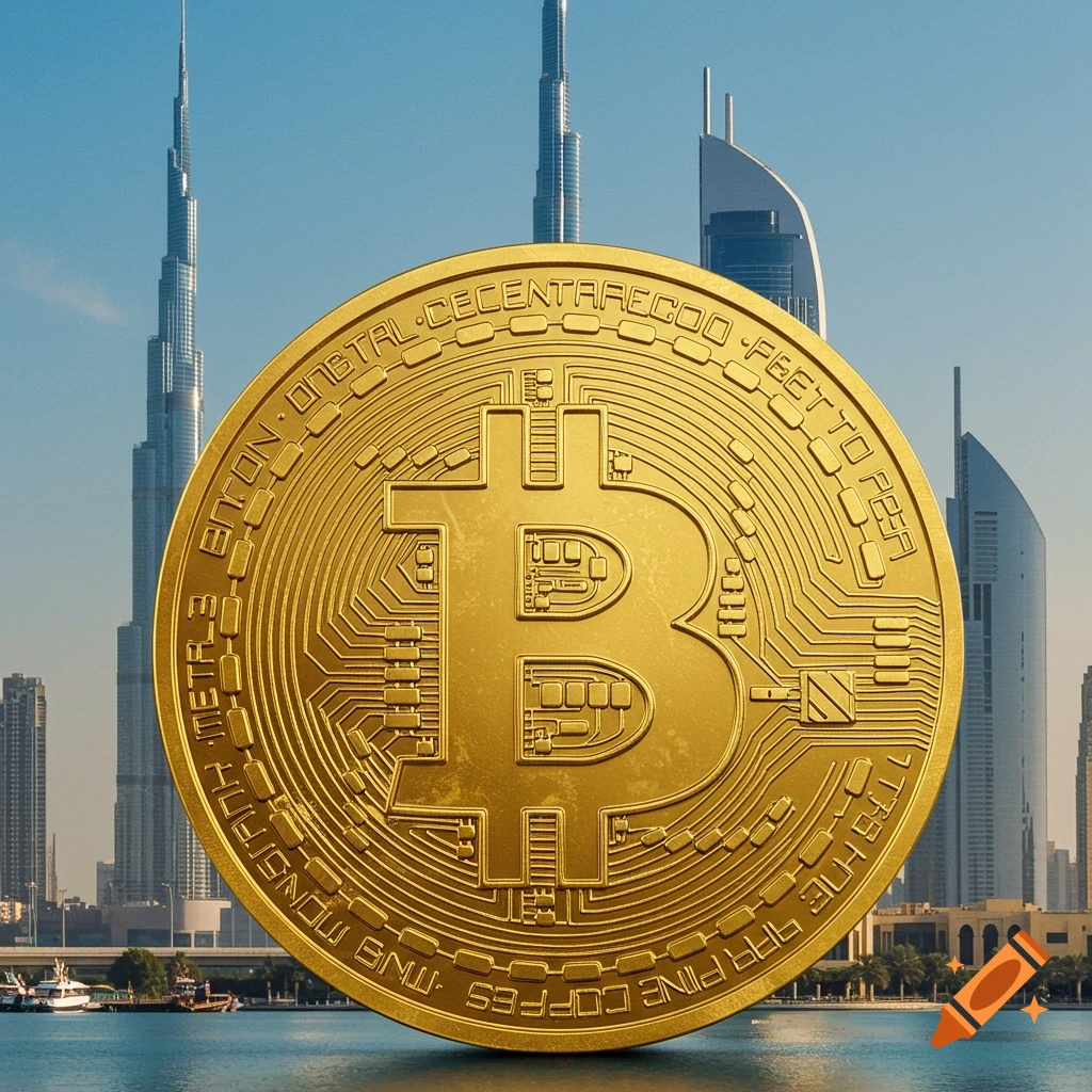 A large golden bitcoin coin stands in the water foreground, with the Dubai skyline and Burj Khalifa in the background under a blue sky.
