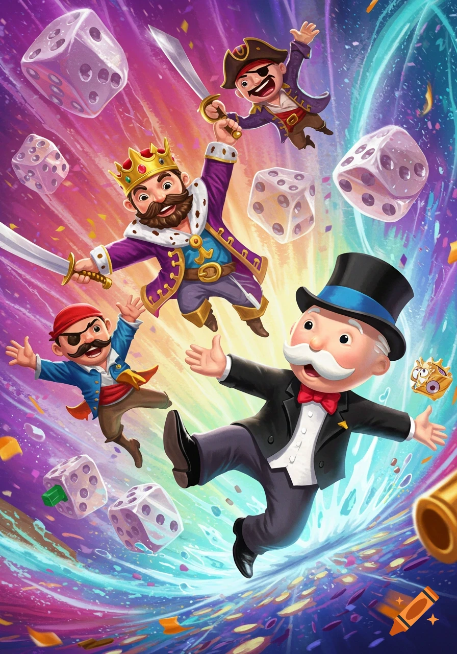 A vibrant cartoon illustration shows Mr. Monopoly, a king, and two pirates falling amidst floating dice and confetti.