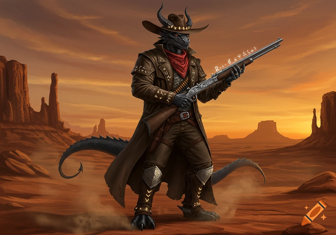 A black Dragonborn in a cowboy hat and duster coat holds a rifle in a desert canyon landscape at sunset.
