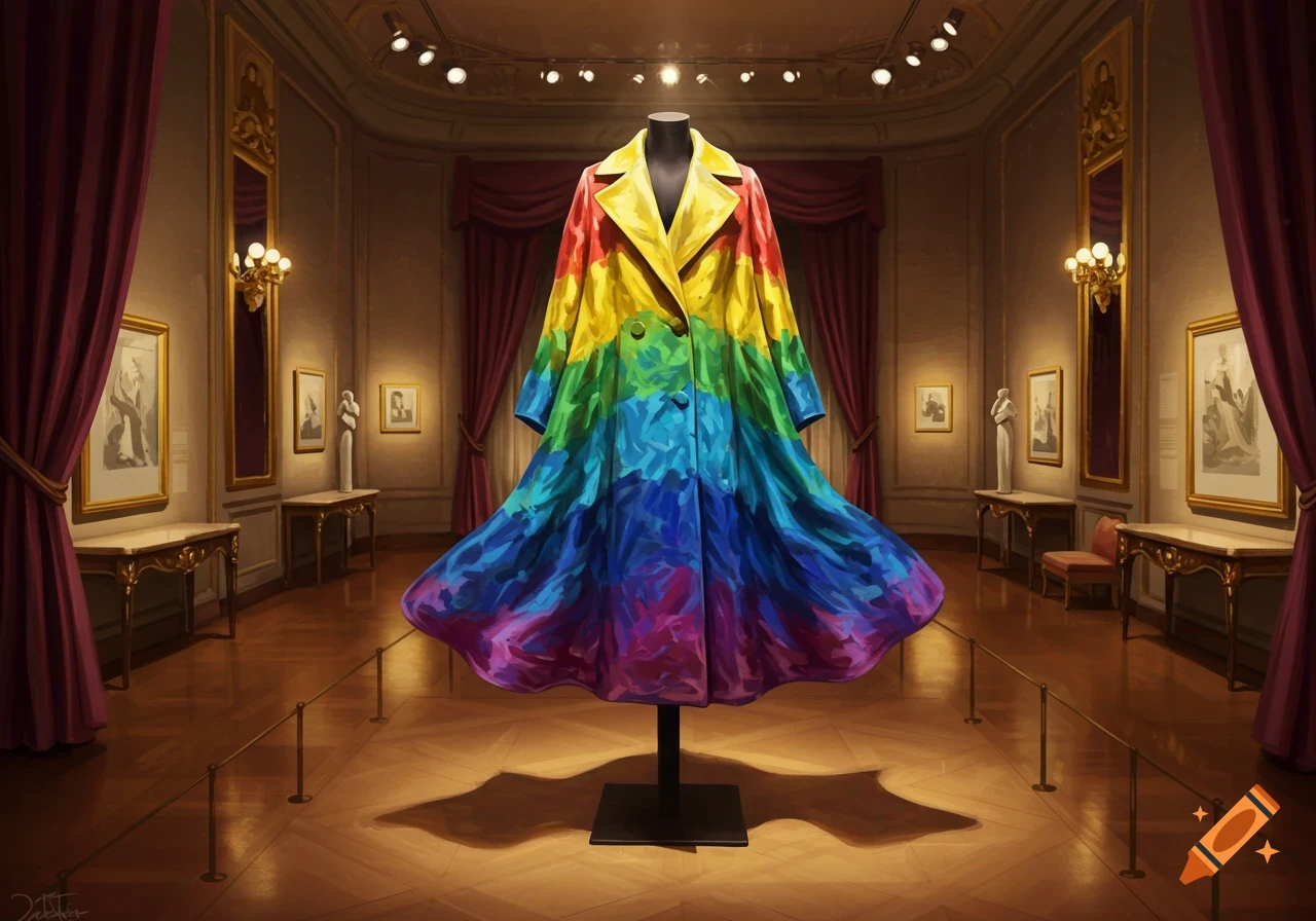 A vibrant rainbow-colored coat with a painterly texture on a mannequin in a grand museum hall.