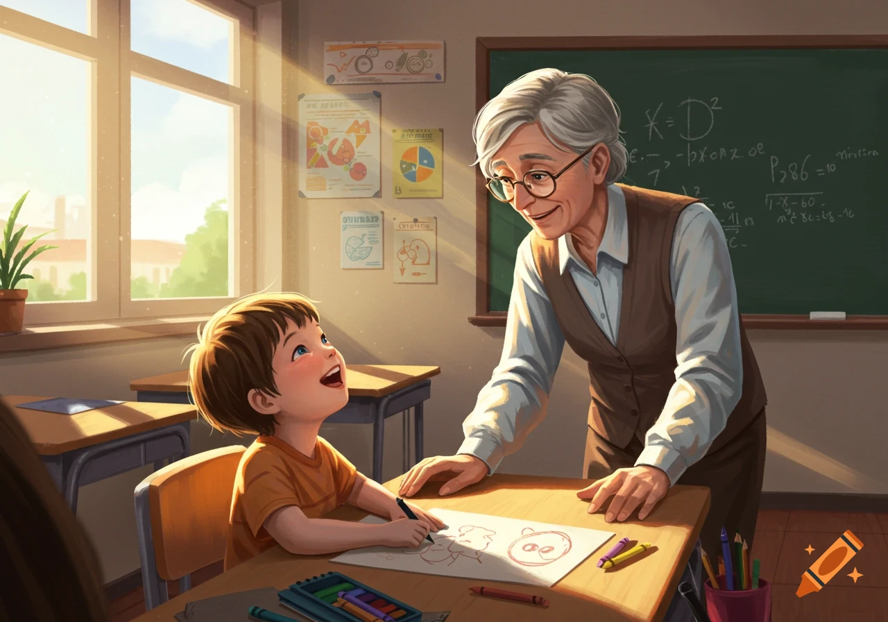 A smiling teacher leans over a young child drawing at a desk in a sunlit classroom, cartoon style.
