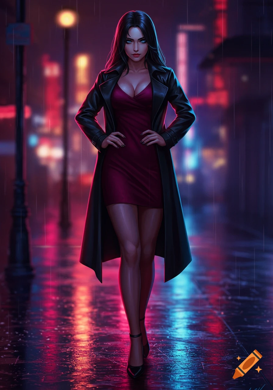 An anime-style woman in a red dress and black trench coat stands on a wet city street at night, illuminated by neon lights.