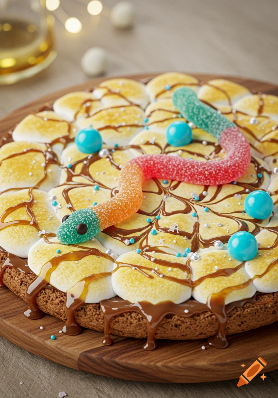 A photorealistic sweet pizza with an Anzac biscuit base, melted yellow marshmallow, chocolate, caramel, a long gummy snake, blue candies, and silver sprinkles.