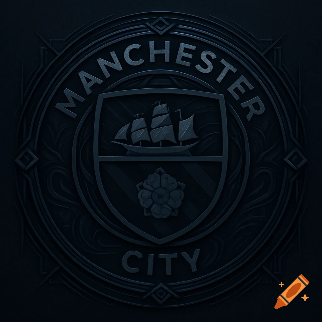 Dark, embossed Manchester City football club logo featuring a sailboat and a rose in a shield design.