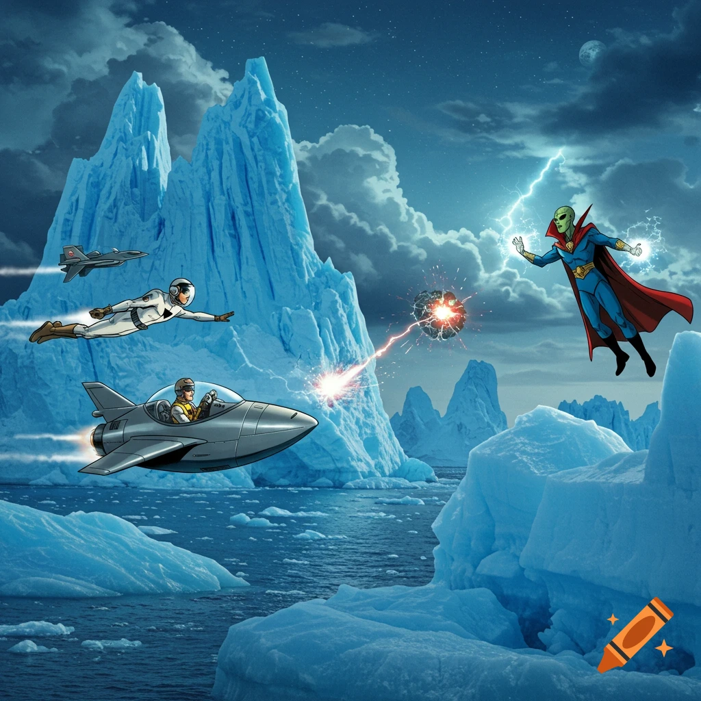 A retro comic book illustration shows an alien hero firing lightning at a drone, as a flying saucer and a jet fly over an icy arctic sea with icebergs.