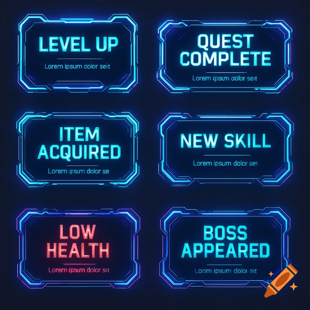 A sheet of six futuristic sci-fi game HUD pop-up notifications with glowing blue and purple neon outlines, displaying 'LEVEL UP', 'QUEST COMPLETE', 'ITEM ACQUIRED', 'NEW SKILL', 'LOW HEALTH' (in red), and 'BOSS APPEARED'.