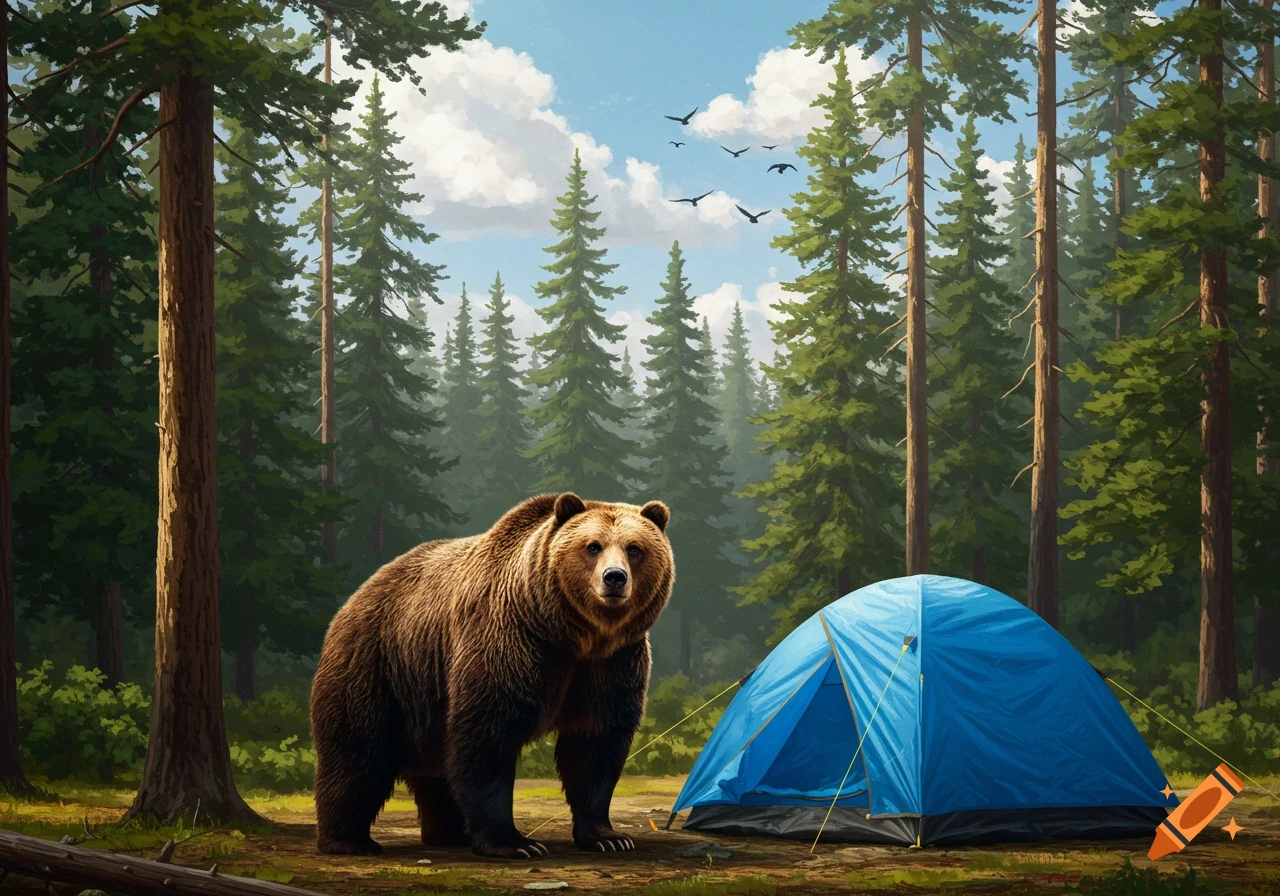 A brown grizzly bear stands by a blue tent in a forest of tall evergreen trees with birds flying in the sky, in a digital painting style.