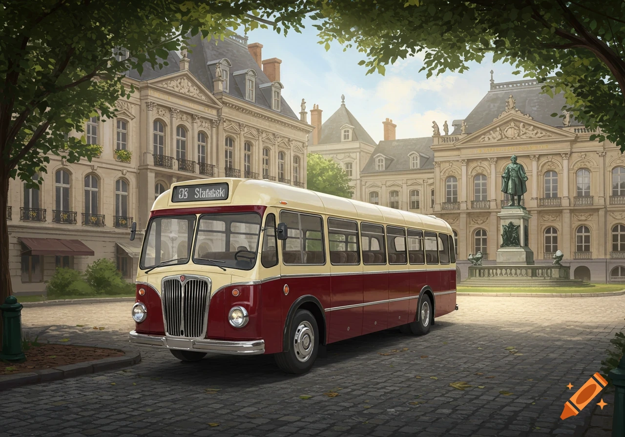 A vintage red and cream bus on a cobblestone street in a European city square with grand classical buildings.