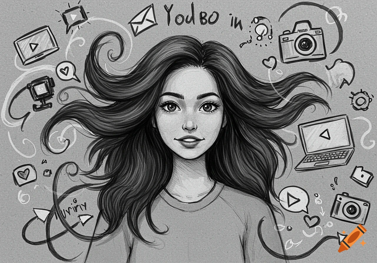Black and white sketch of a smiling girl with long flowing hair, surrounded by social media and camera icons.