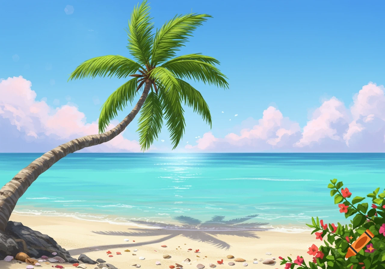 A vibrant, cartoonish tropical beach scene with a palm tree leaning over turquoise water and a sandy shore with shells.