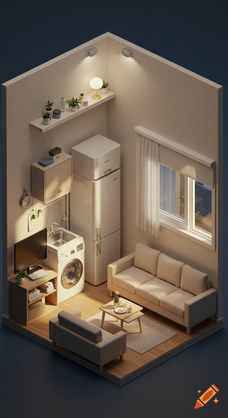 Isometric view of a modern studio apartment with living area, kitchen, washing machine, refrigerator, and window in a minimalist style.