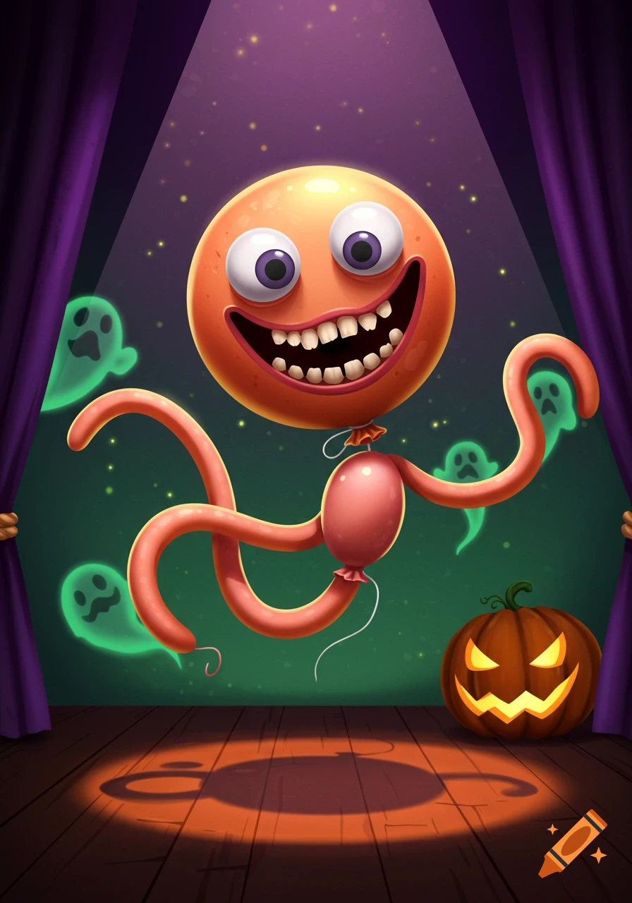 A smiling orange balloon creature with large eyes and jagged teeth stands on a stage with green ghosts, a glowing jack-o'-lantern, and purple curtains.