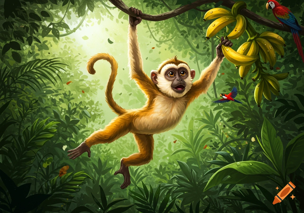 A cheerful cartoon monkey hangs from a branch, reaching for bananas in a vibrant green jungle with two colorful birds.